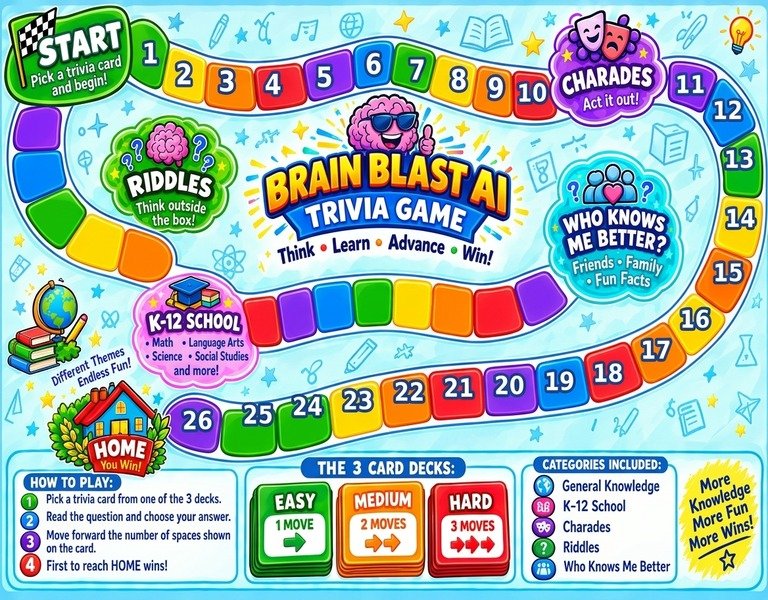 Brain Blast AI Trivia Game board: move from Start to Home through Riddles, Charades, K-12 School and Who Knows Me Better
